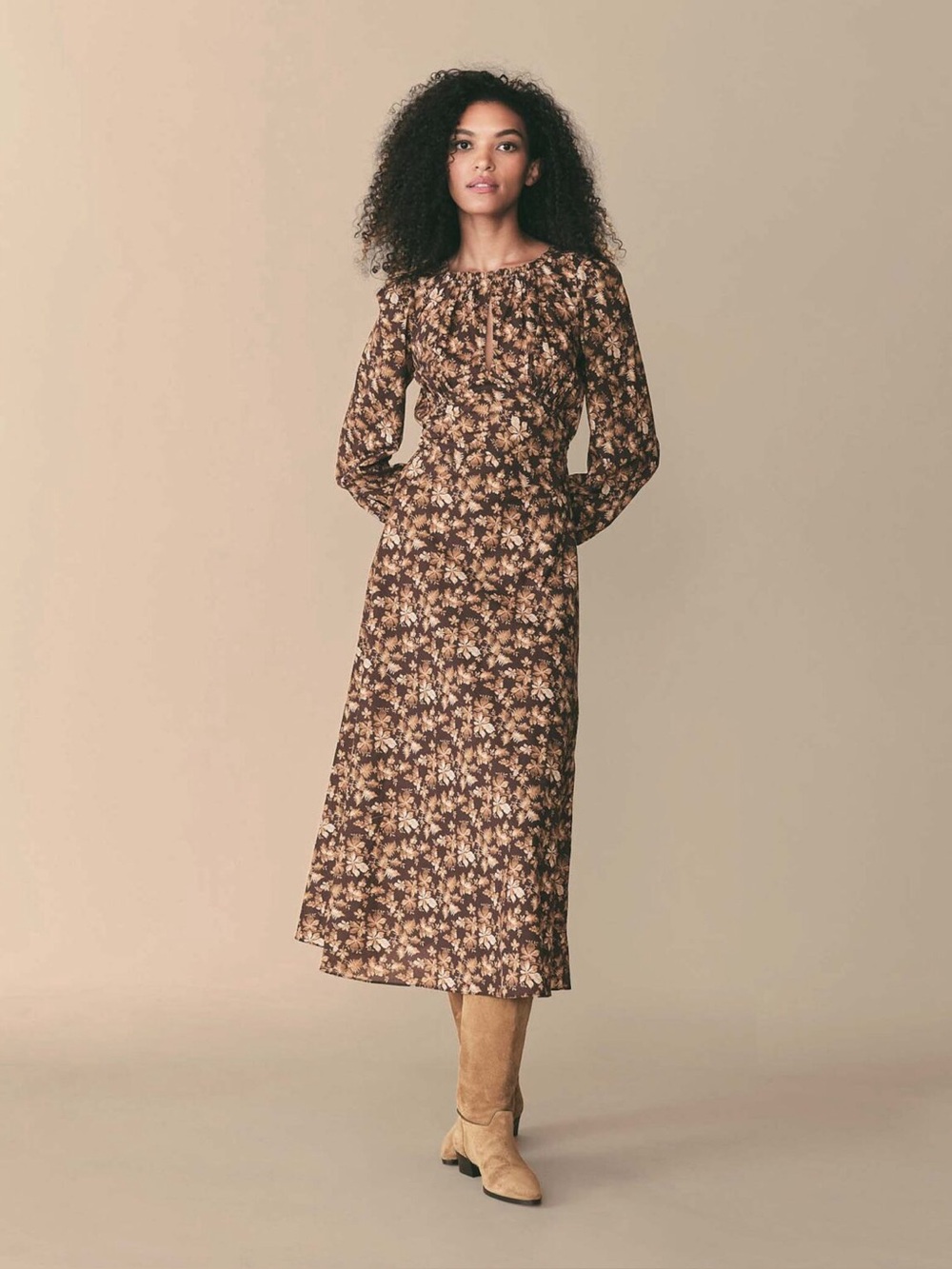 Doen Ginetta Brown Floral Organic Cotton Midi Dress Size Small